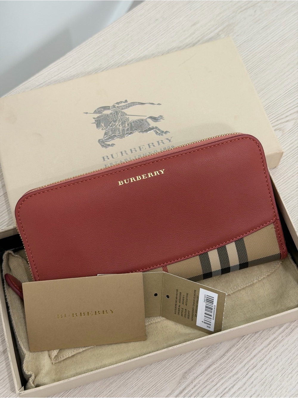 Burberry Red Leather Zip Wallet with Signature Check Trim